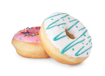 Photo of Different tasty glazed donuts on white background