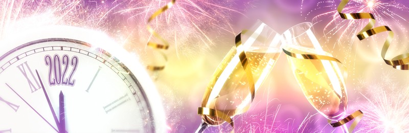 Image of Glasses of sparkling wine, clock, shiny streamers and firework on color background, banner design. Countdown to New Year 2022