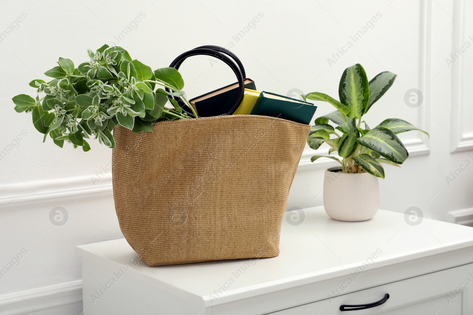 Photo of Stylish beach bag with plant and books in room