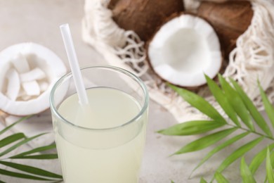 Photo of Glass of coconut water, palm leaves and nuts on light table, closeup