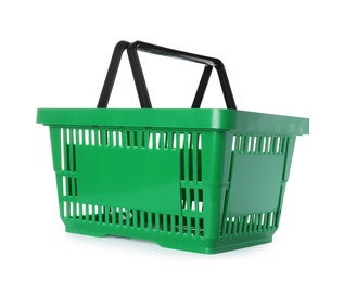 Photo of Color plastic shopping basket on white background