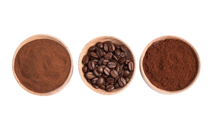 Photo of Bowls of beans, instant and ground coffee on white background, top view