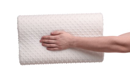 Photo of Man with orthopedic pillow on white background, closeup