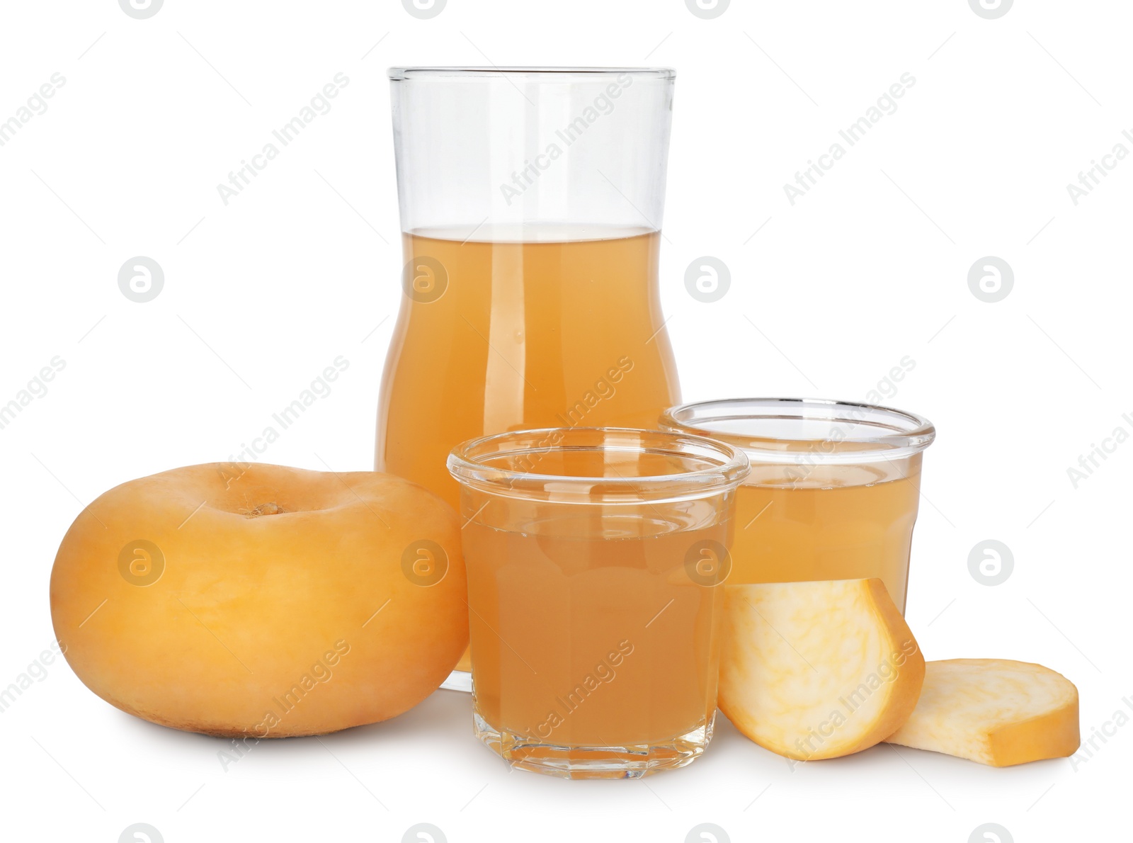 Photo of Freshly made turnip juice on white background