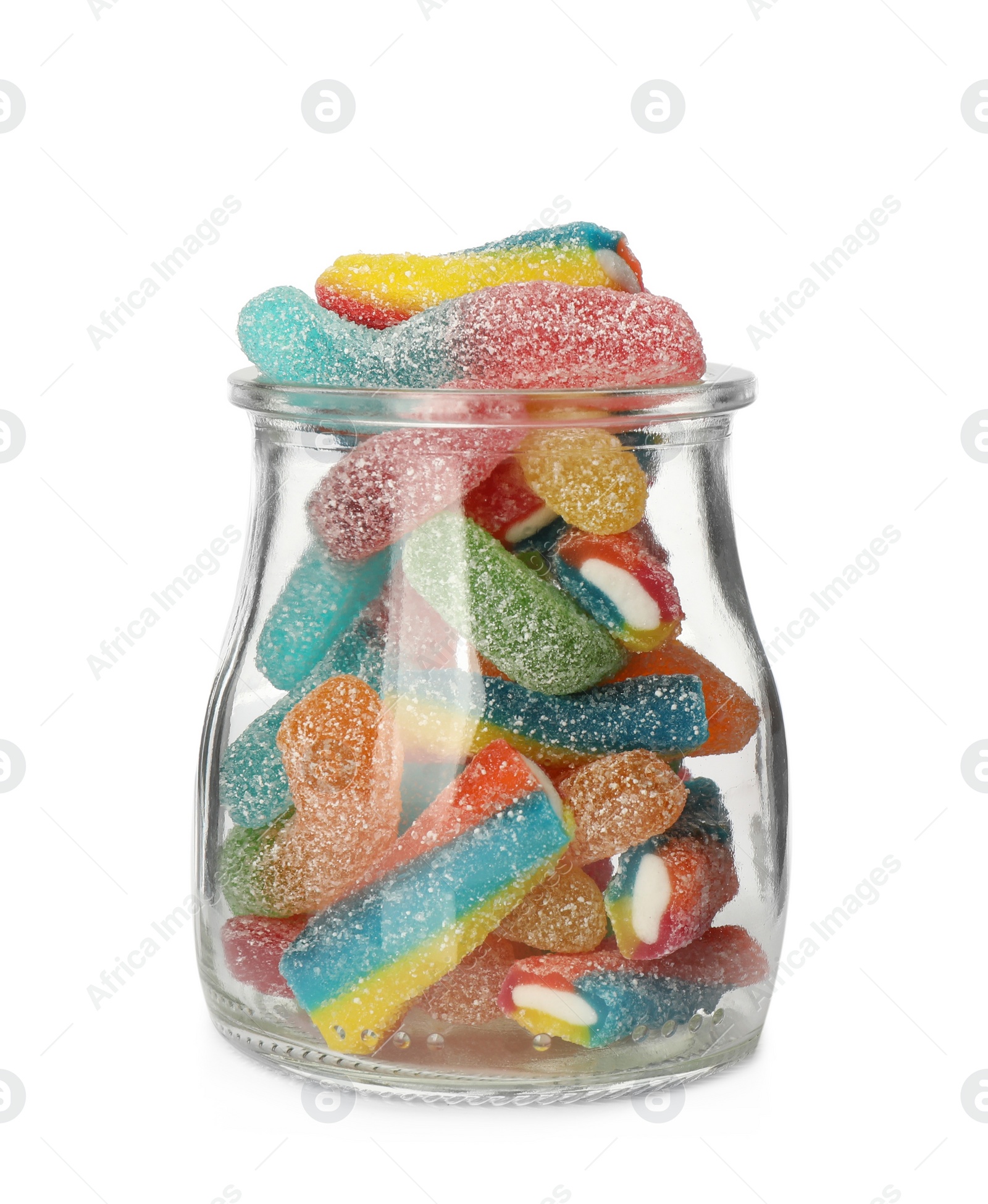 Photo of Many jelly candies in glass jar isolated on white