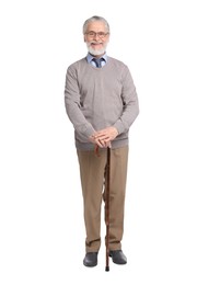 Photo of Senior man with walking cane on white background