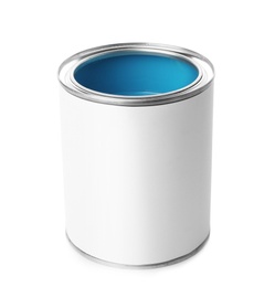 Photo of Open paint can on white background. Mockup for design