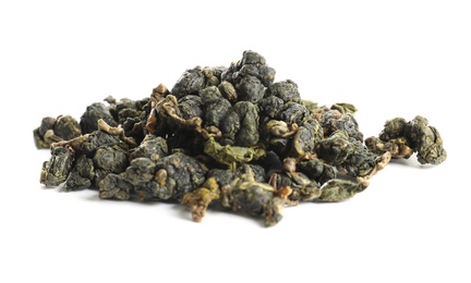 Photo of Heap of Tie Guan Yin Oolong tea on white background