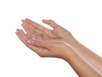 Photo of Woman holding her hands against white background, closeup