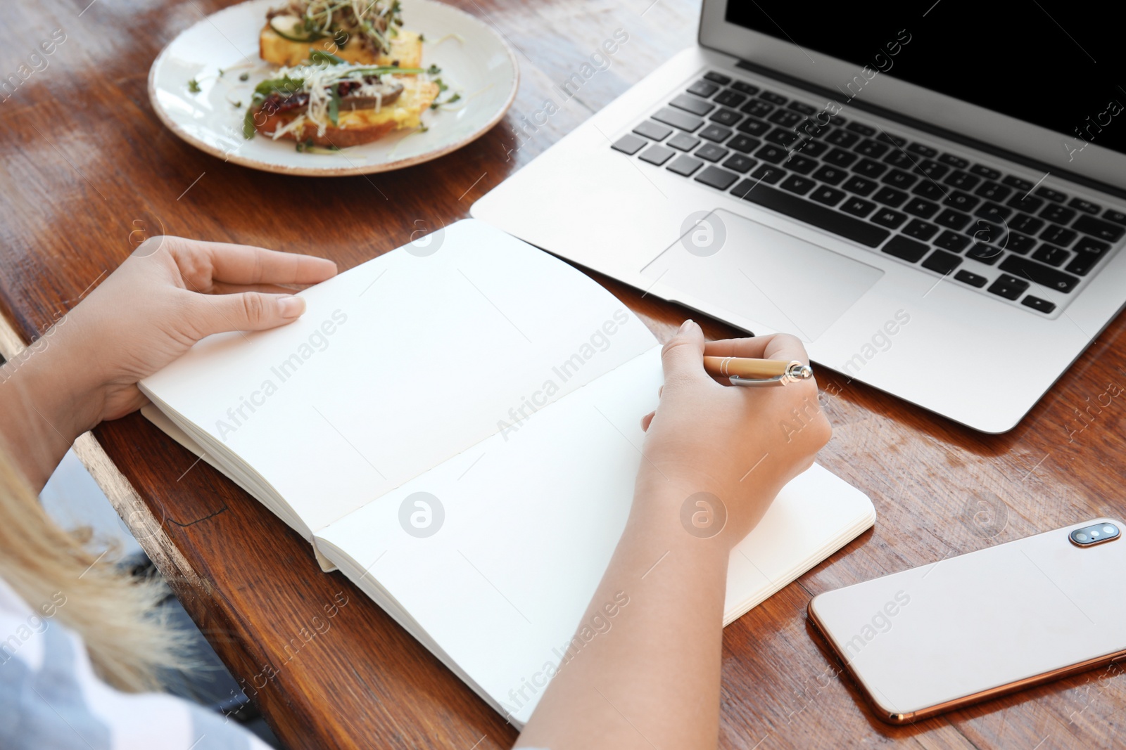 Photo of Woman writing blog content in notebook at table, closeup