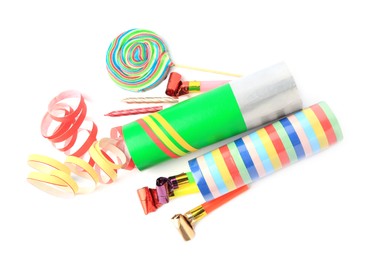 Photo of Party crackers and different festive items isolated on white, top view