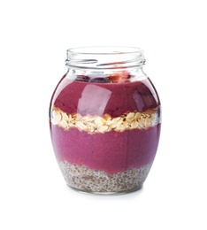 Photo of Jar with tasty acai smoothie on white background