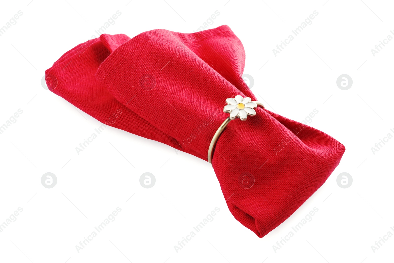 Photo of Napkin with decorative ring for table setting isolated on white