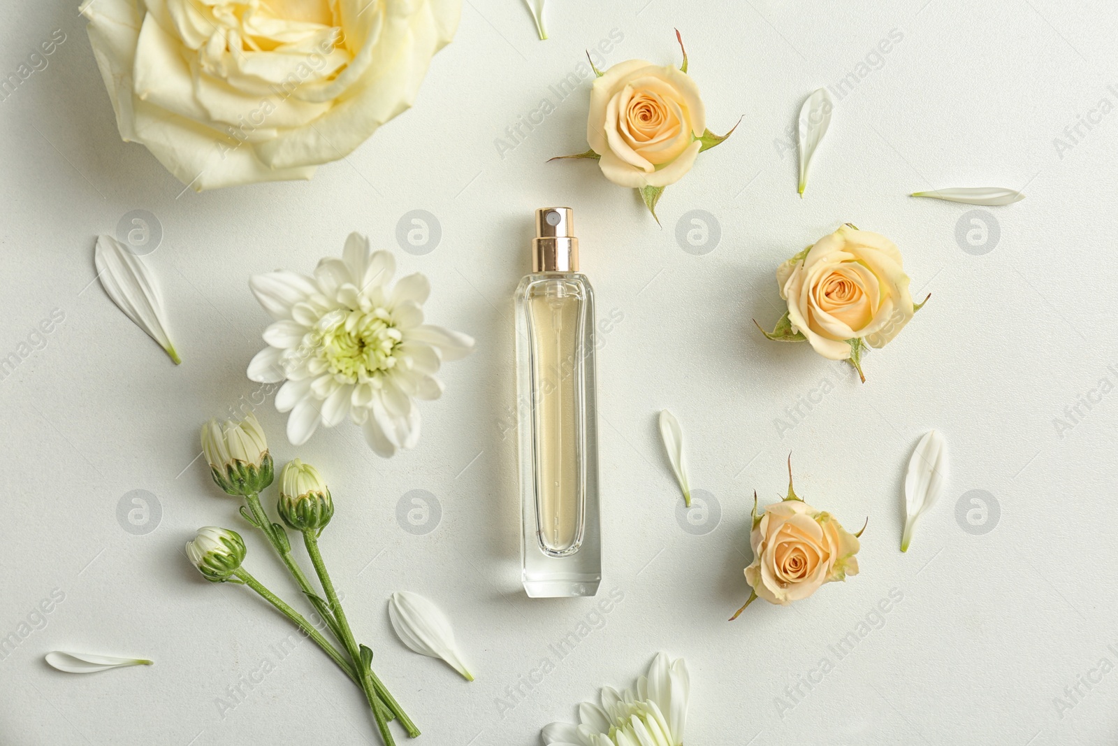 Photo of Beautiful composition with bottle of perfume on white background, flat lay
