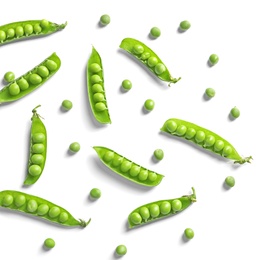 Photo of Flat lay composition with delicious fresh green peas on white background