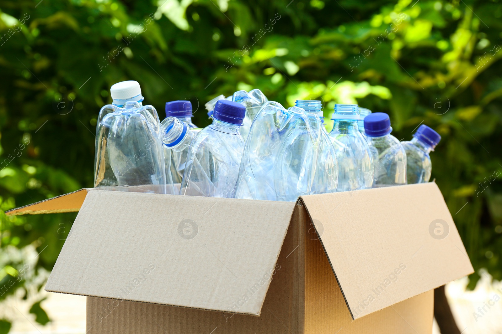 Photo of Cardboard box with used plastic bottles outdoors. Recycle concept