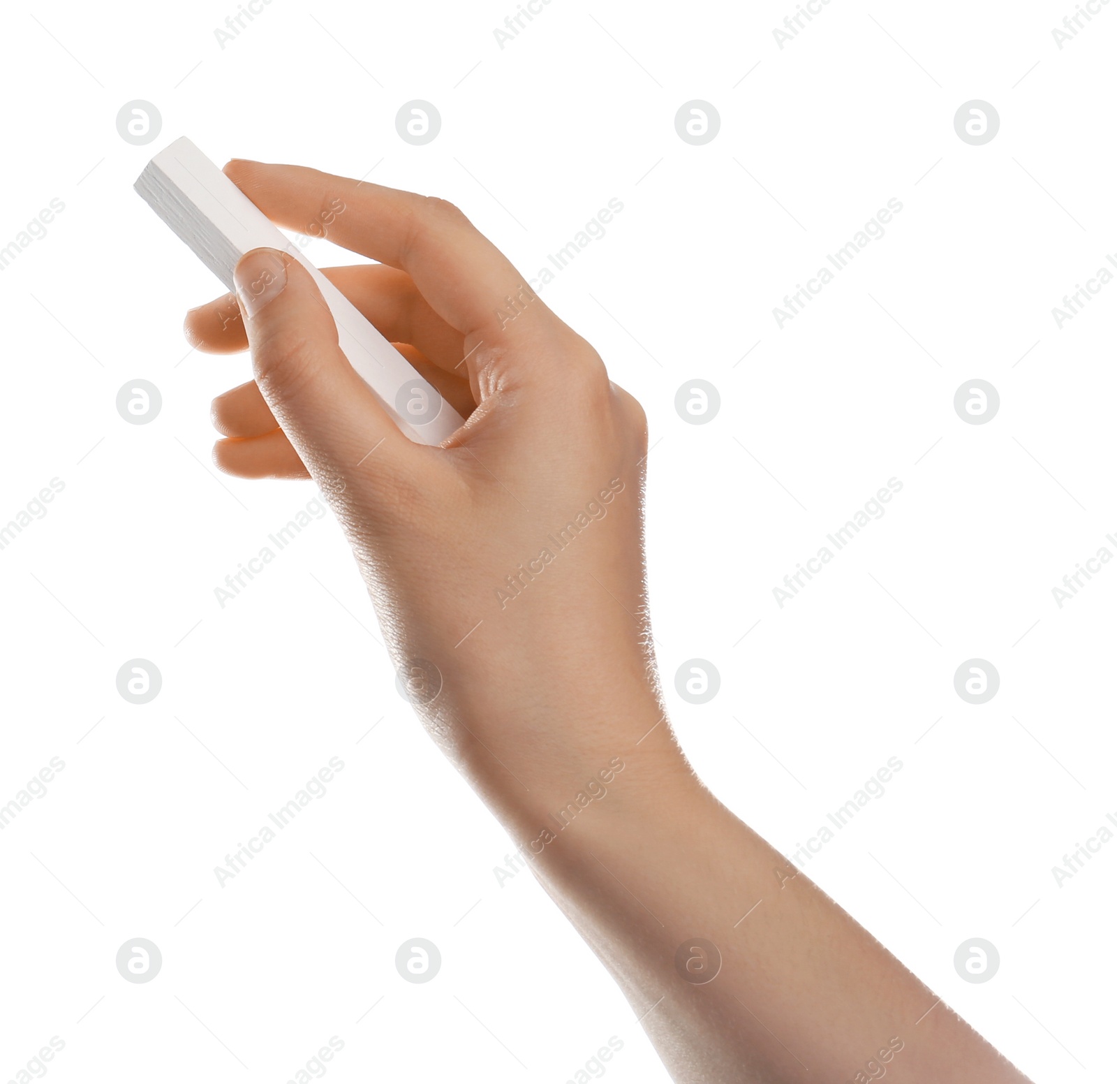 Photo of Woman holding piece of chalk on white background