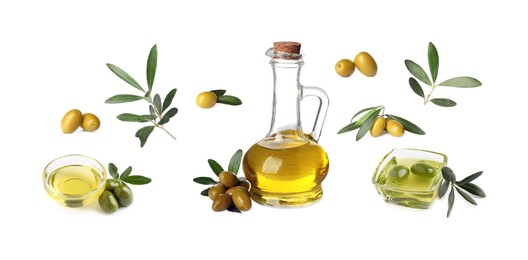 Image of Natural oil, ripe olives and leaves on white background, collage. Banner design