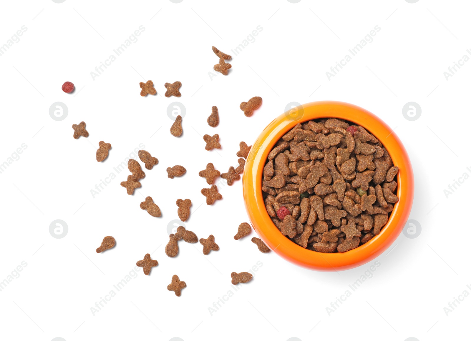 Photo of Bowl with food for cat or dog on white background. Pet care