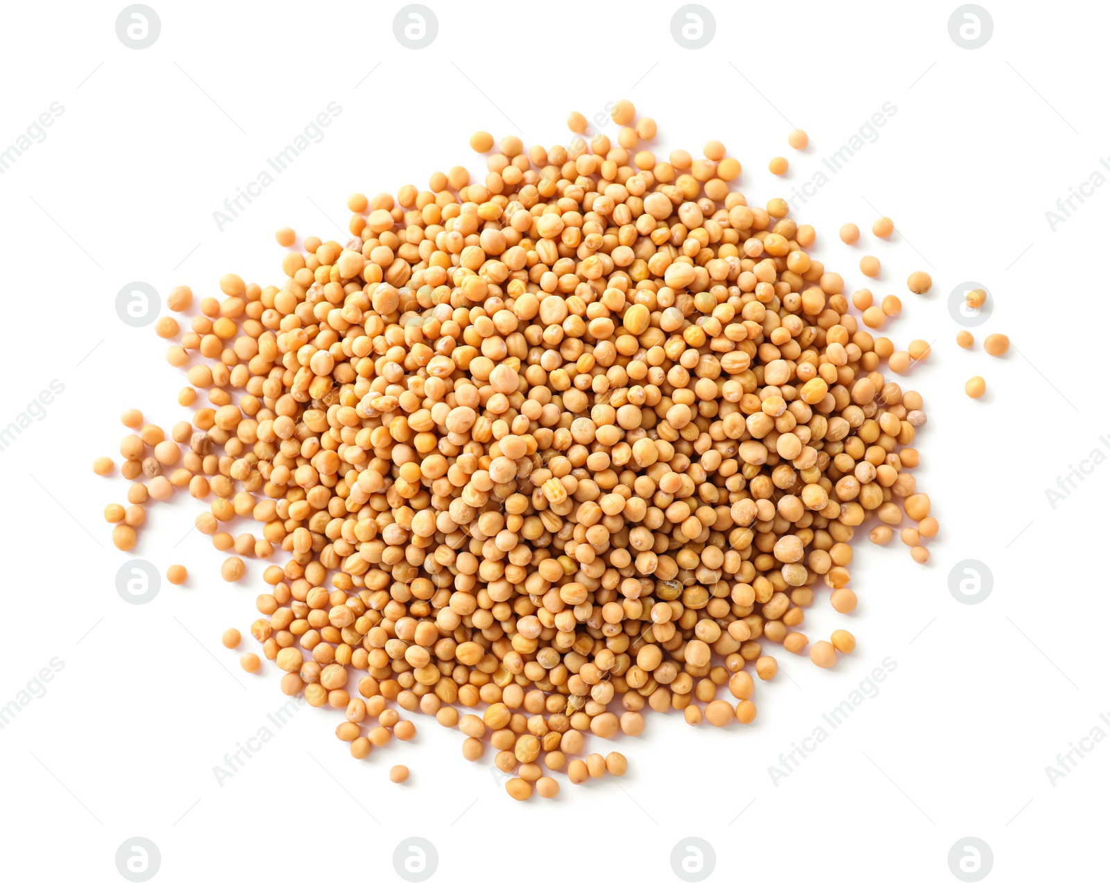 Photo of Heap of mustard seeds isolated on white, top view