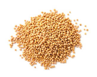 Photo of Heap of mustard seeds isolated on white, top view