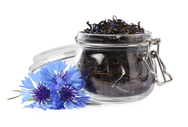 Photo of Dried cornflower tea and fresh flowers on white background
