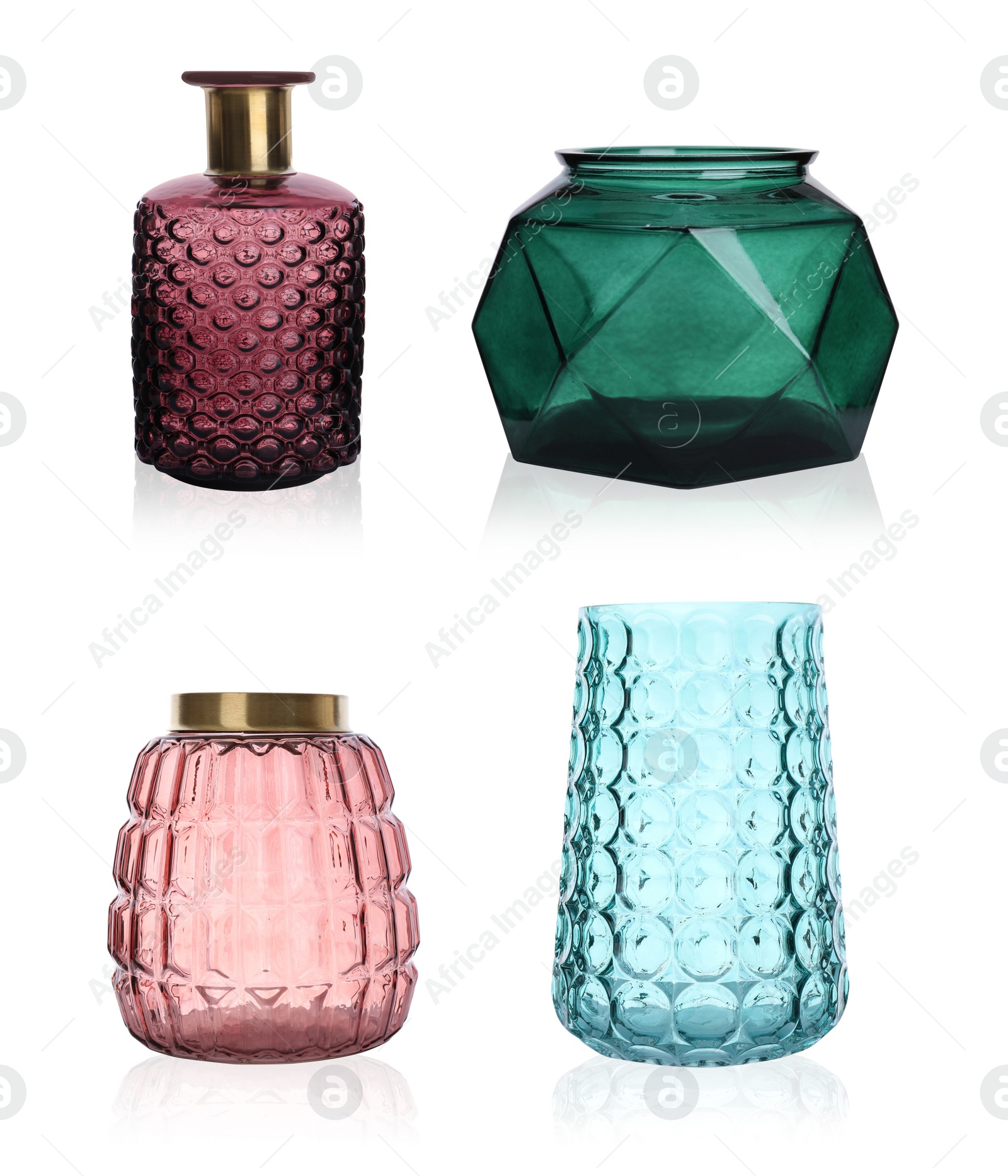 Image of Set of empty glass vases on white background