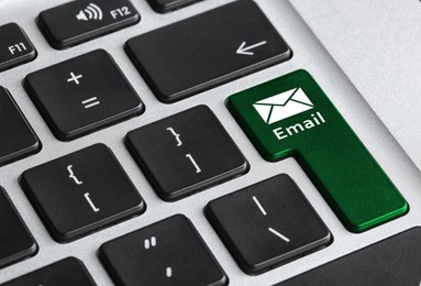 Modern computer keyboard with envelope sign on button, closeup view. Sending email letters