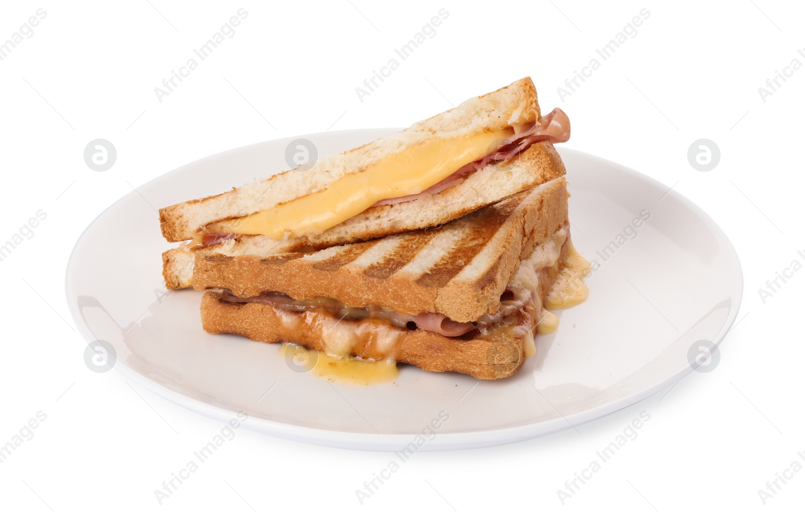 Photo of Tasty sandwiches with ham and melted cheese isolated on white