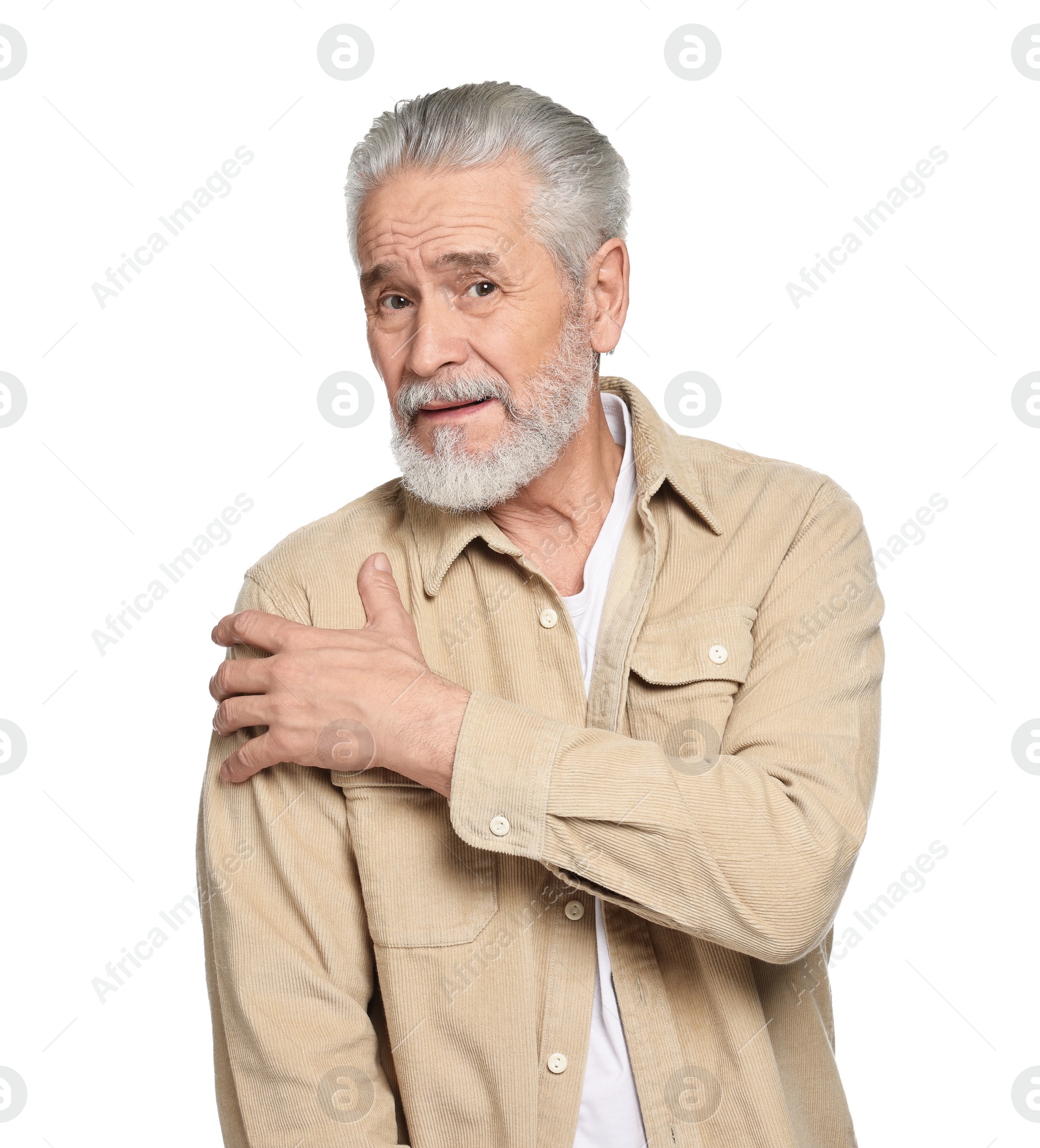 Photo of Arthritis symptoms. Man suffering from pain in shoulder on white background