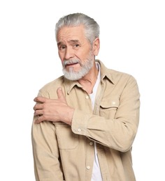 Photo of Arthritis symptoms. Man suffering from pain in shoulder on white background