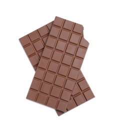 Photo of Delicious milk chocolate bars on white background, top view