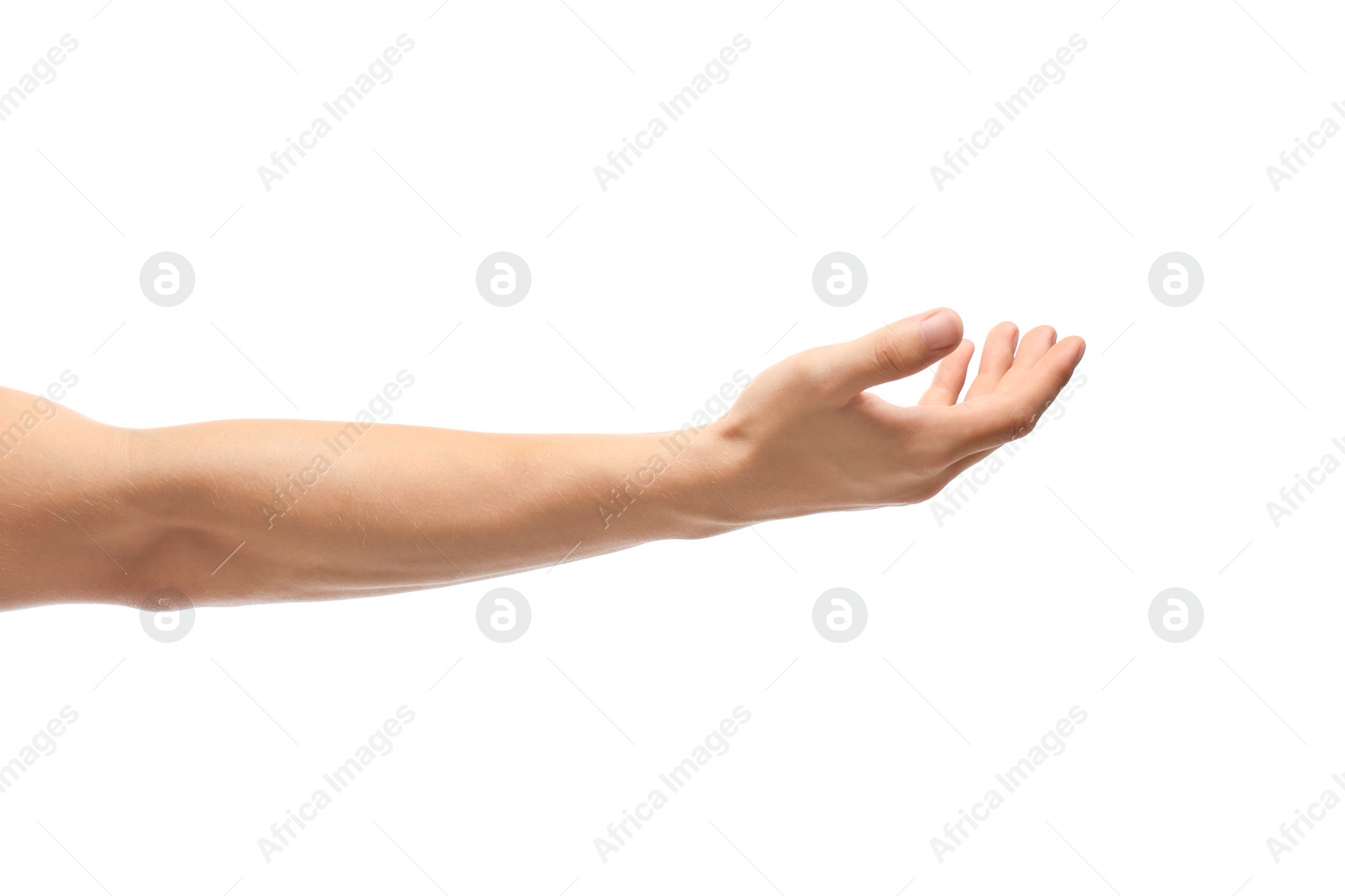 Photo of Young man held out hand on white background, closeup