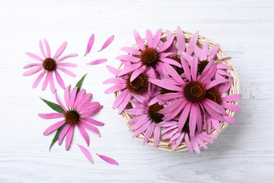 Beautiful echinacea flowers on white wooden table, flat lay