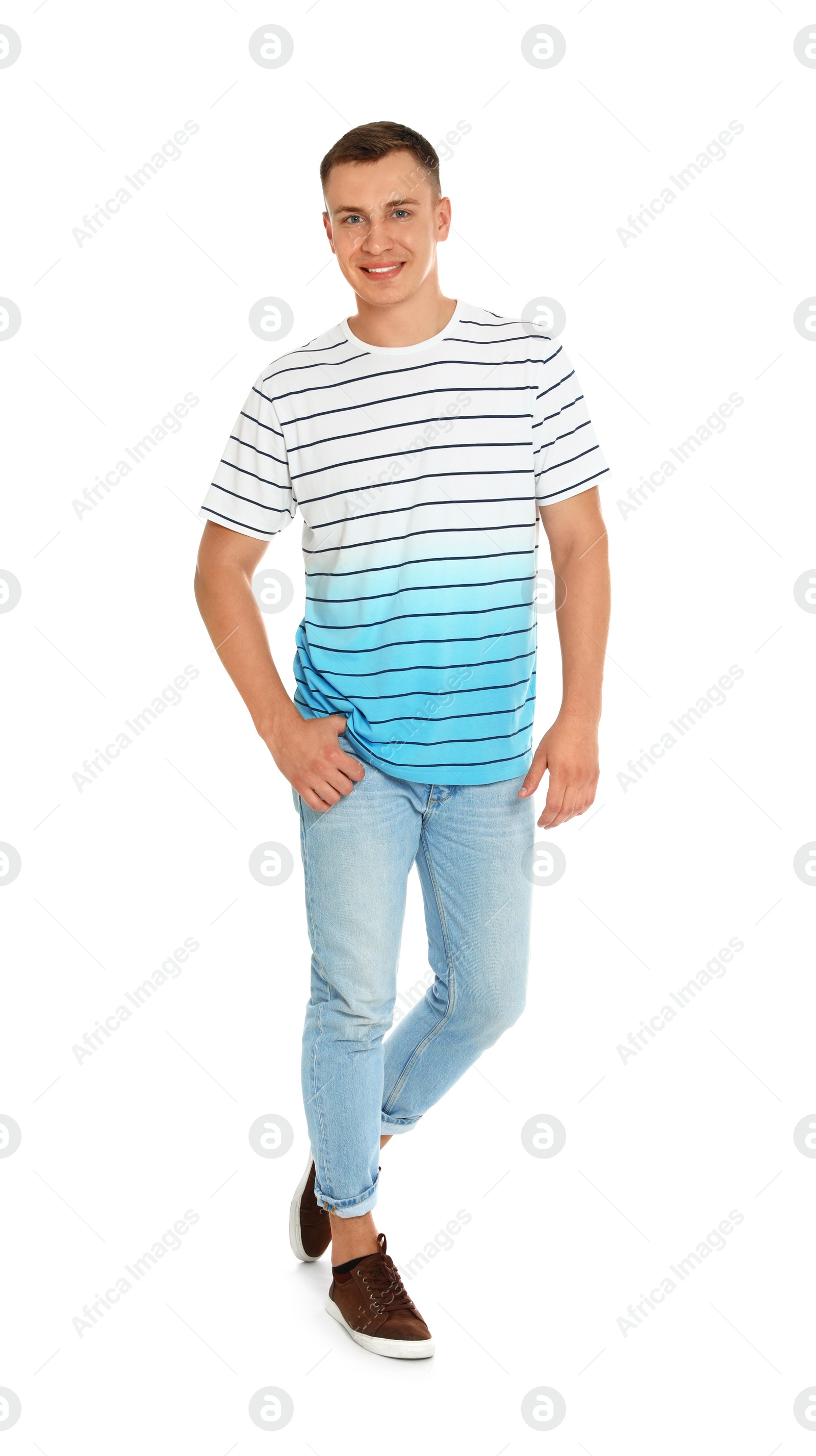 Photo of Full length portrait of young man on white background