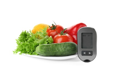 Photo of Digital glucometer and healthy food on white background. Diabetes diet