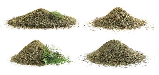 Image of Set with heaps of dry dill on white background. Banner design