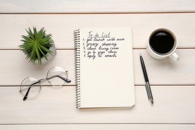 Photo of Flat lay composition with to do list on white wooden table