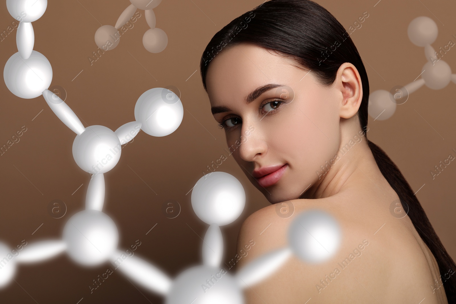 Image of Beautiful woman with perfect healthy skin and molecular model on brown background. Innovative cosmetology