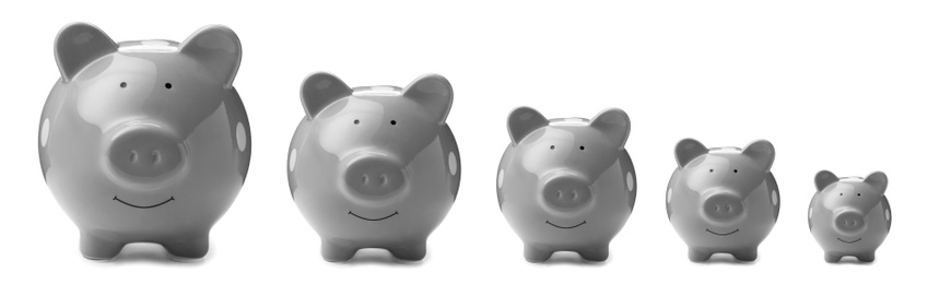 Image of Set with grey piggy banks on white background. Banner design