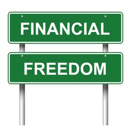 Illustration of Green road signpost with words Financial Freedom on white background