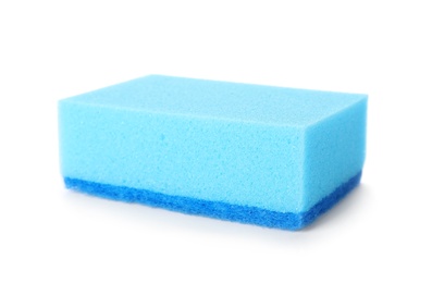 Photo of Cleaning sponge for dish washing on white background