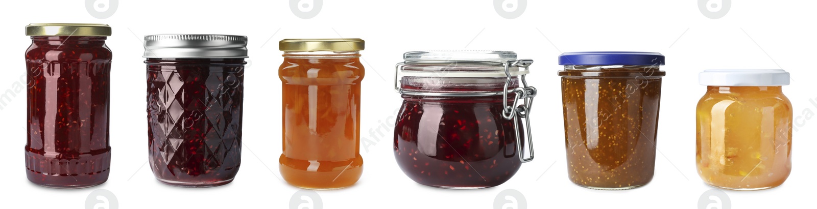 Image of Set of jars with delicious jams on white background. Banner design