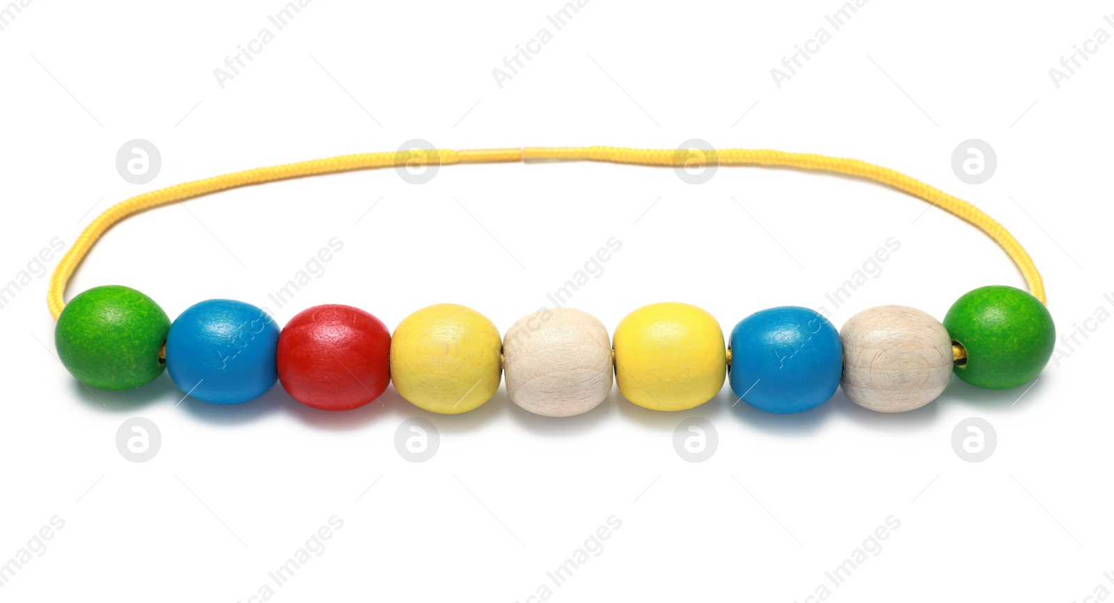 Photo of Wooden pieces and string for threading activity isolated on white. Educational toy for motor skills development