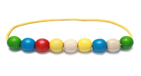 Photo of Wooden pieces and string for threading activity isolated on white. Educational toy for motor skills development