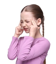 Photo of Little girl suffering from headache on white background