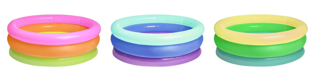 Image of Set with different colorful inflatable rubber pools on white background. Banner design