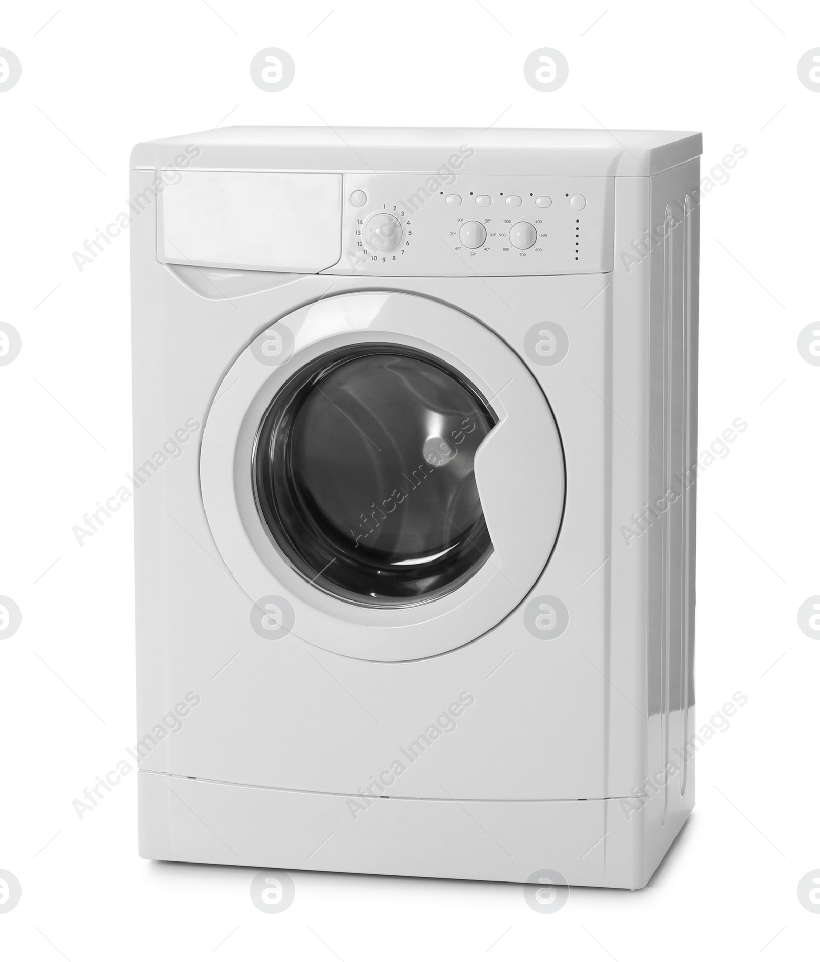 Photo of Modern washing machine isolated on white. Laundry day