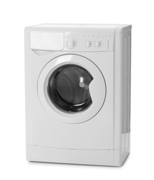 Photo of Modern washing machine isolated on white. Laundry day