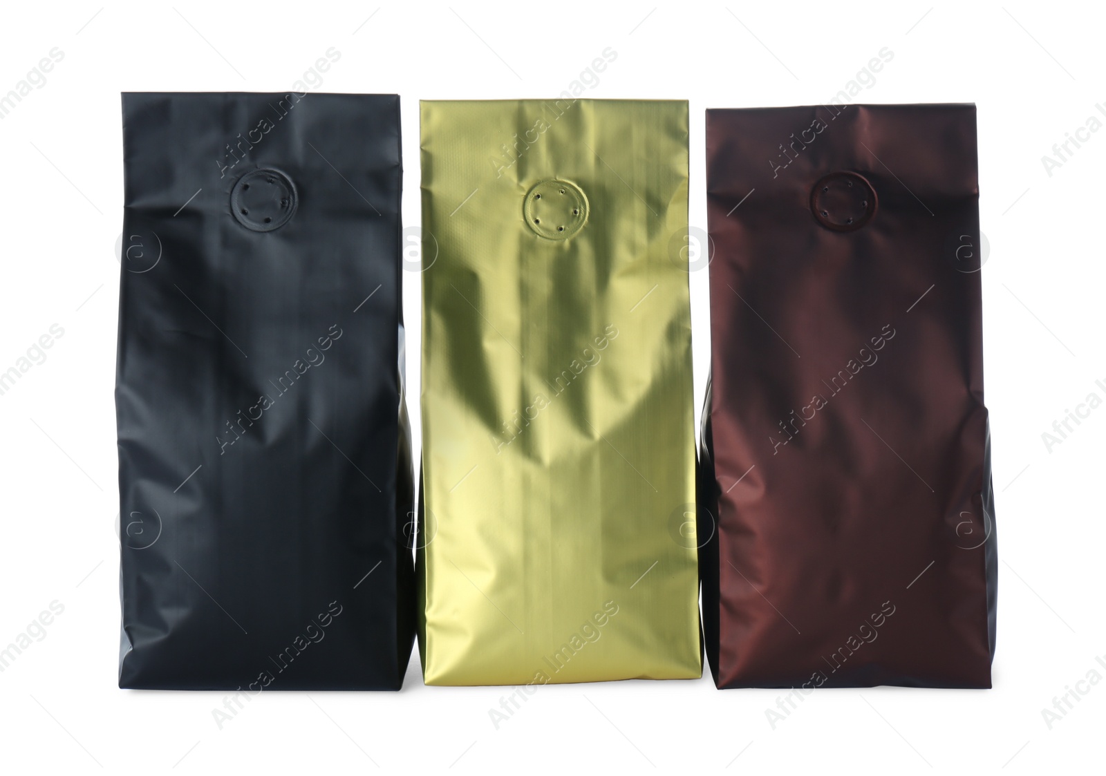 Photo of Different blank foil packages isolated on white